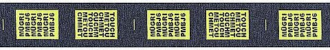Labels with jeans effect and contrasting neon colour